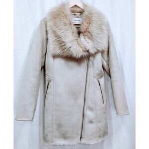 Calvin Klein Asymmetrical Faux-Shearling Coat Latte Beige Medium Gold Quiet Lux